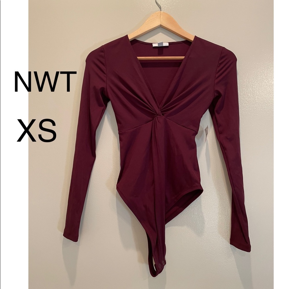NWT (XS) blackcurrant bodysuit twist knot thong snap close pull on long sleeves
